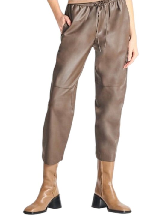 Dex Pants - NEW Dex Faux Leather Drawstring Joggers / Cropped Trousers - Olive Brown